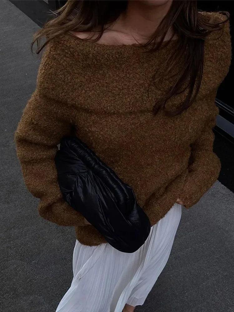 Elegant Brown Off-Shoulder Pullover