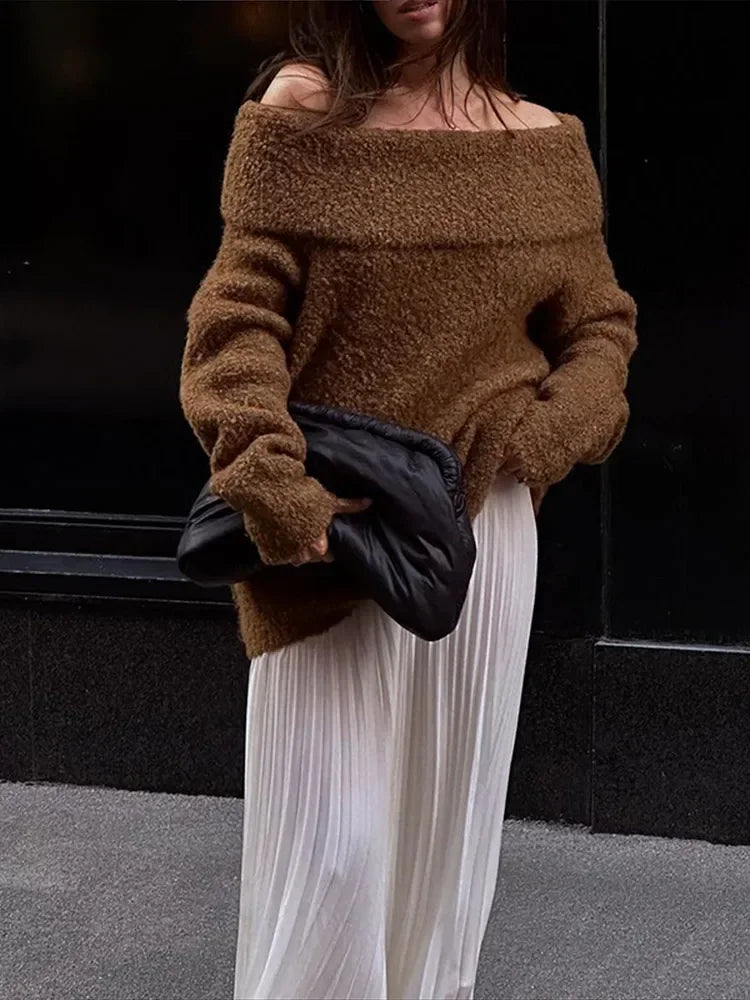 Elegant Brown Off-Shoulder Pullover