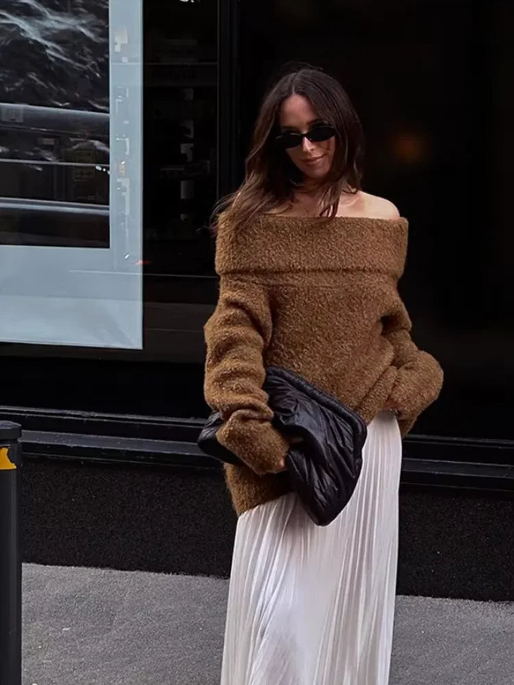 Elegant Brown Off-Shoulder Pullover